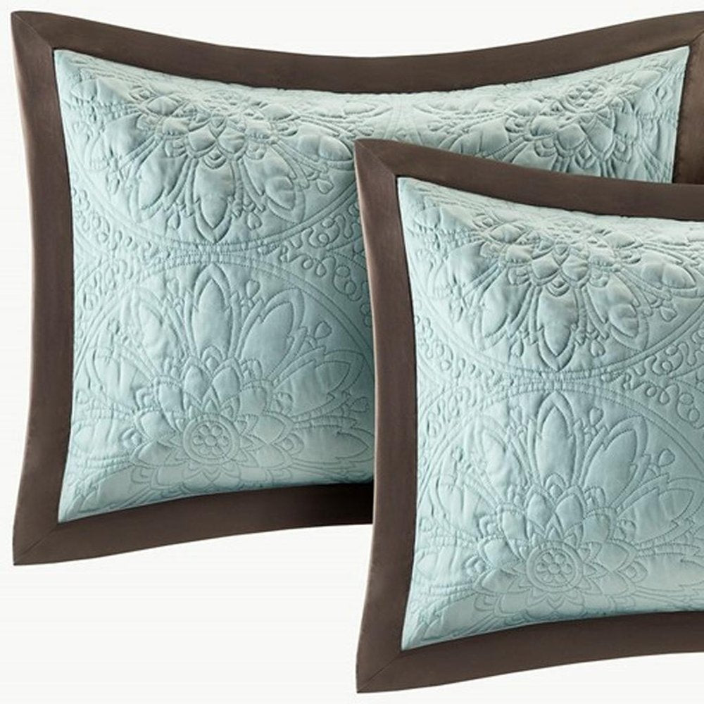 Set of Nine Ivory And Light Blue Medallion King Ring Stitch Polyester Sham And Comforter