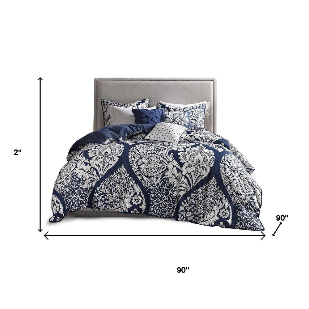 Set of Seven Indigo And White Damask Queen Ring Stitch Polyester Sham And Comforter