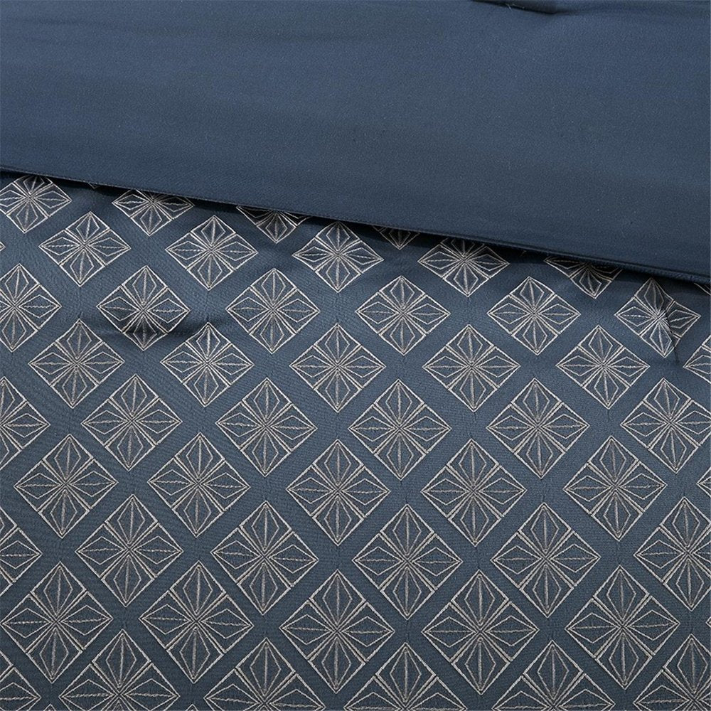 Set of Seven Navy Blue And Ivory Ombre King Ring Stitch Polyester Sham And Comforter
