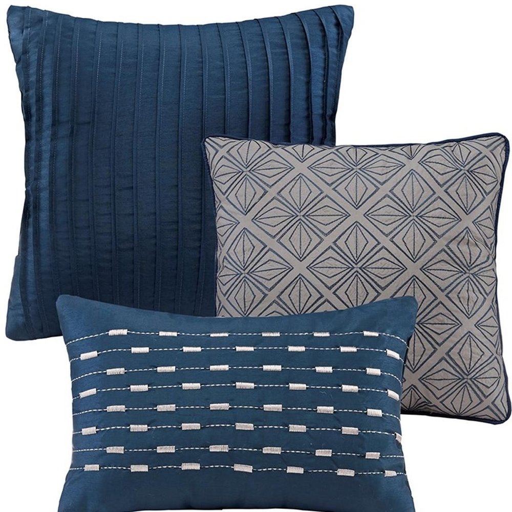 Set of Seven Navy Blue And Ivory Ombre King Ring Stitch Polyester Sham And Comforter
