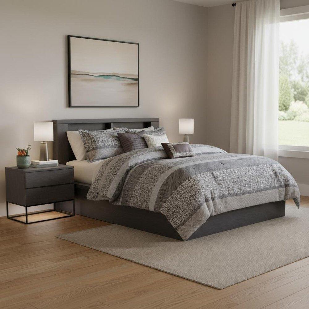 Set of Seven Gray And Taupe Striped King Ring Stitch Polyester Sham And Comforter