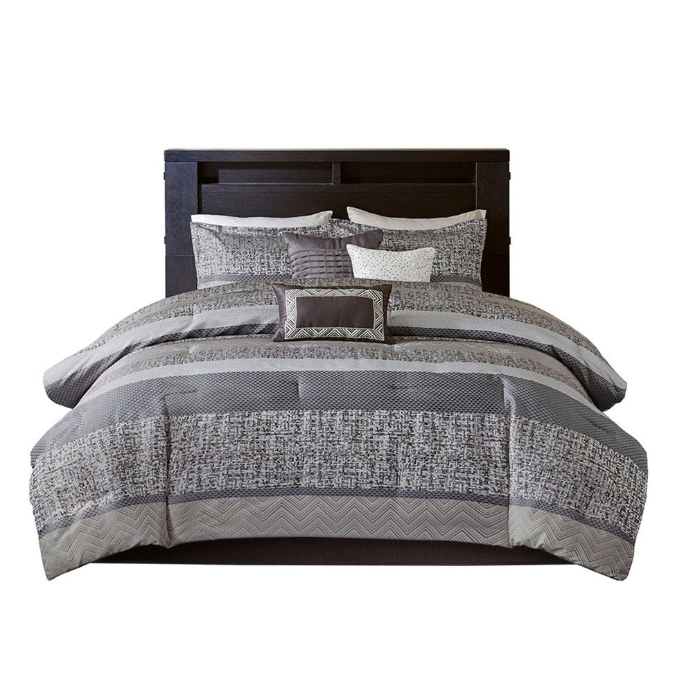 Set of Seven Gray And Taupe Striped Queen Ring Stitch Polyester Sham And Comforter
