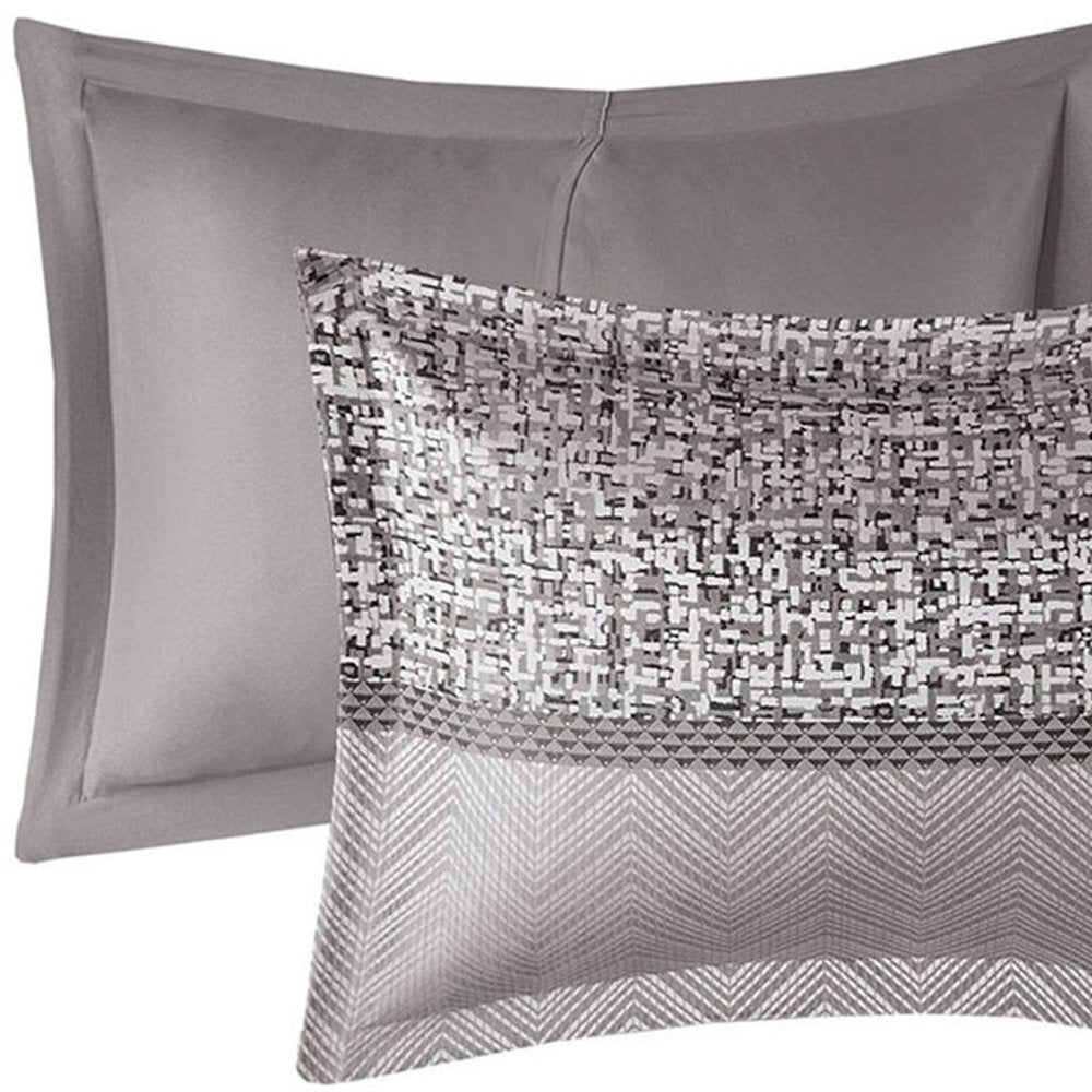 Set of Seven Gray And Taupe Striped Queen Ring Stitch Polyester Sham And Comforter