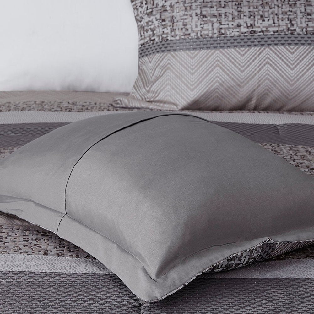 Set of Seven Gray And Taupe Striped Queen Ring Stitch Polyester Sham And Comforter