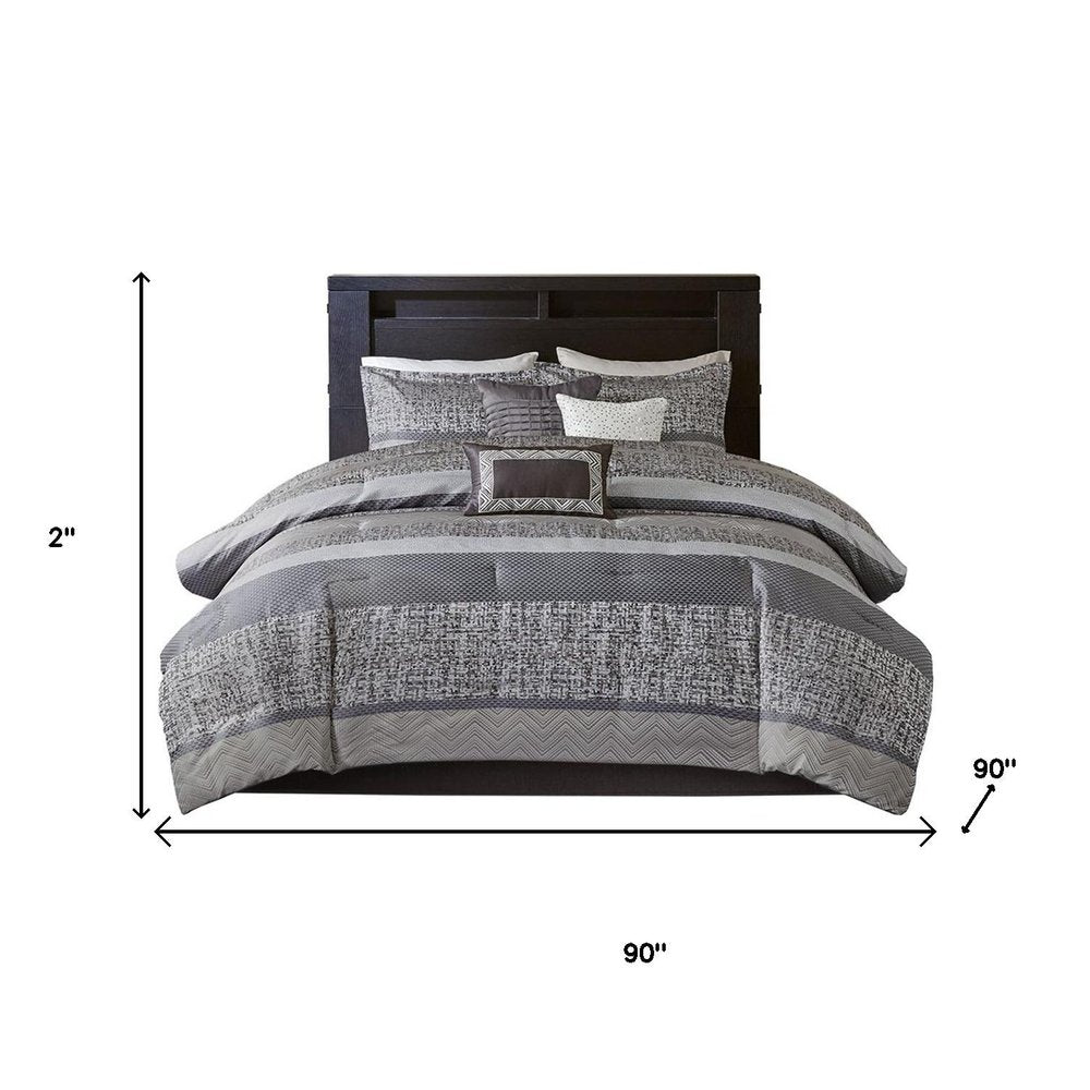 Set of Seven Gray And Taupe Striped Queen Ring Stitch Polyester Sham And Comforter