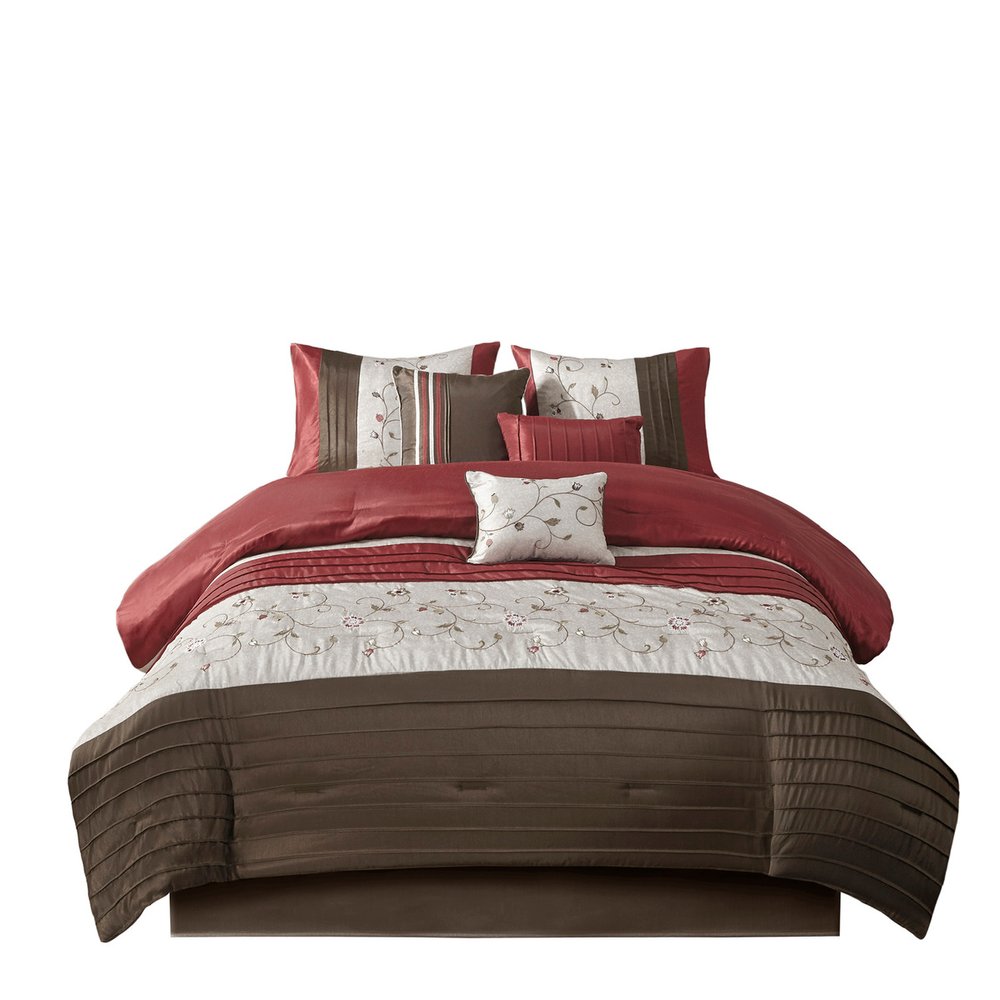 Set of Seven Red Brown And Ivory Floral King Ring Stitch Polyester Sham And Comforter