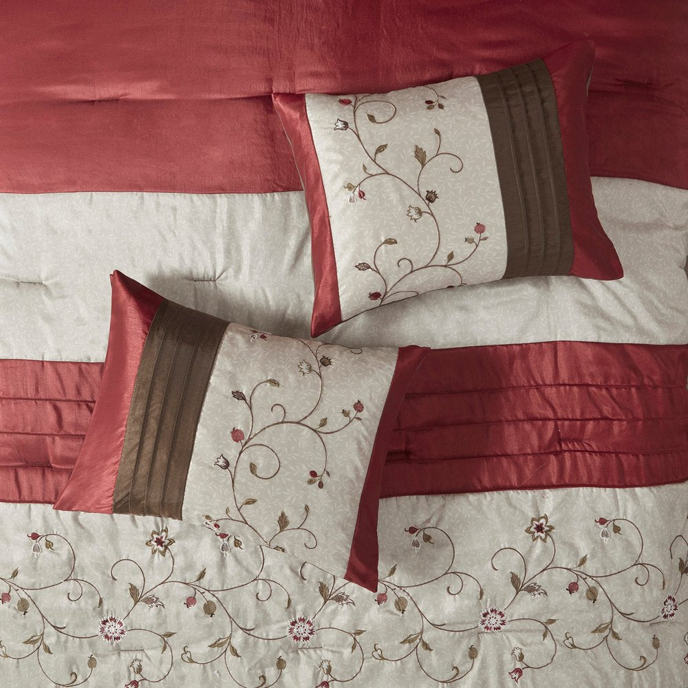 Set of Seven Red Brown And Ivory Floral King Ring Stitch Polyester Sham And Comforter