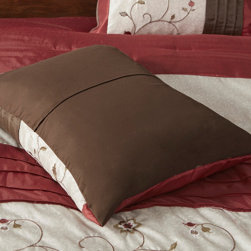 Set of Seven Red Brown And Ivory Floral King Ring Stitch Polyester Sham And Comforter