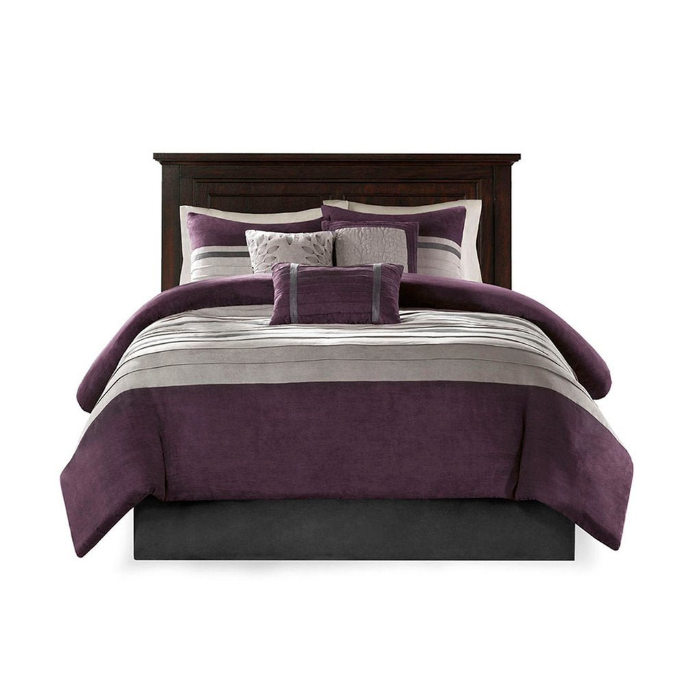 Set of Seven Purple And Gray Striped King Ring Stitch Polyester Sham And Comforter