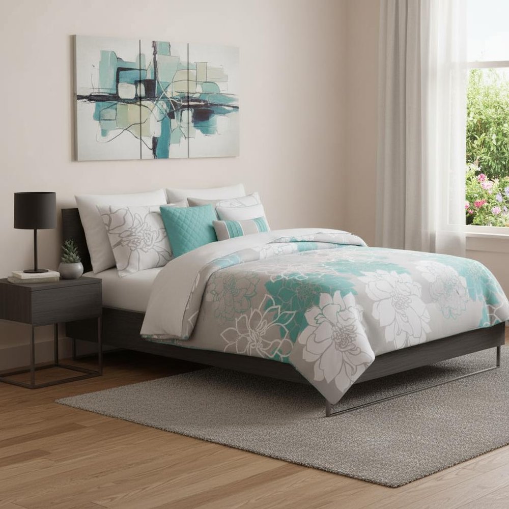 Set of Seven Aqua And White Floral King Ring Stitch Sham And Comforter