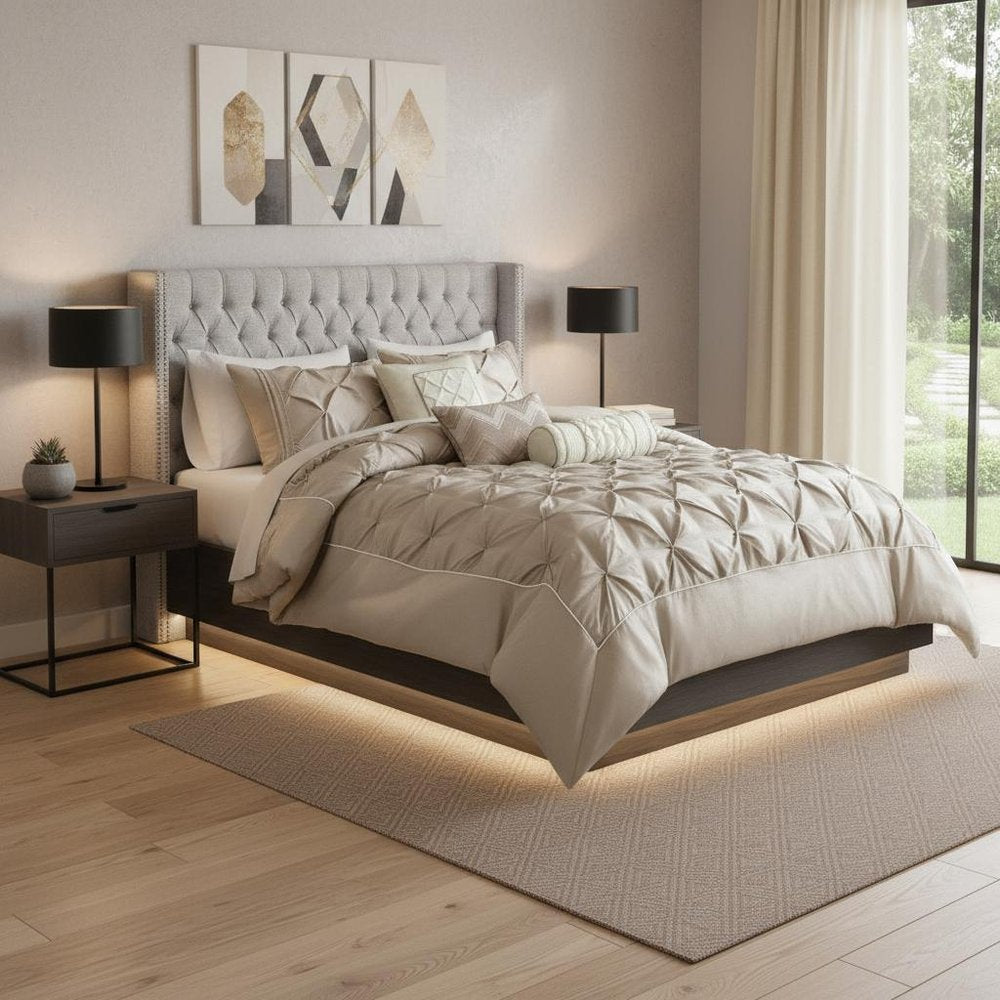 Set of Seven Taupe King Ring Stitch Polyester Sham And Comforter