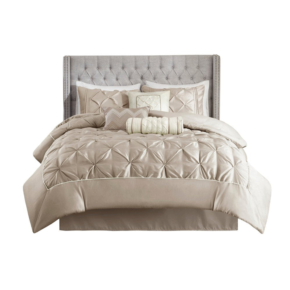Set of Seven Taupe Queen Ring Stitch Polyester Sham And Comforter