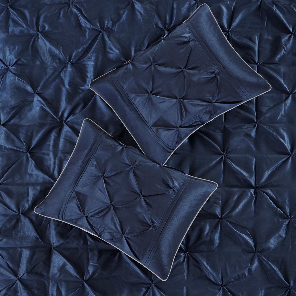 Set of Seven Navy Blue Queen Ring Stitch Polyester Sham And Comforter