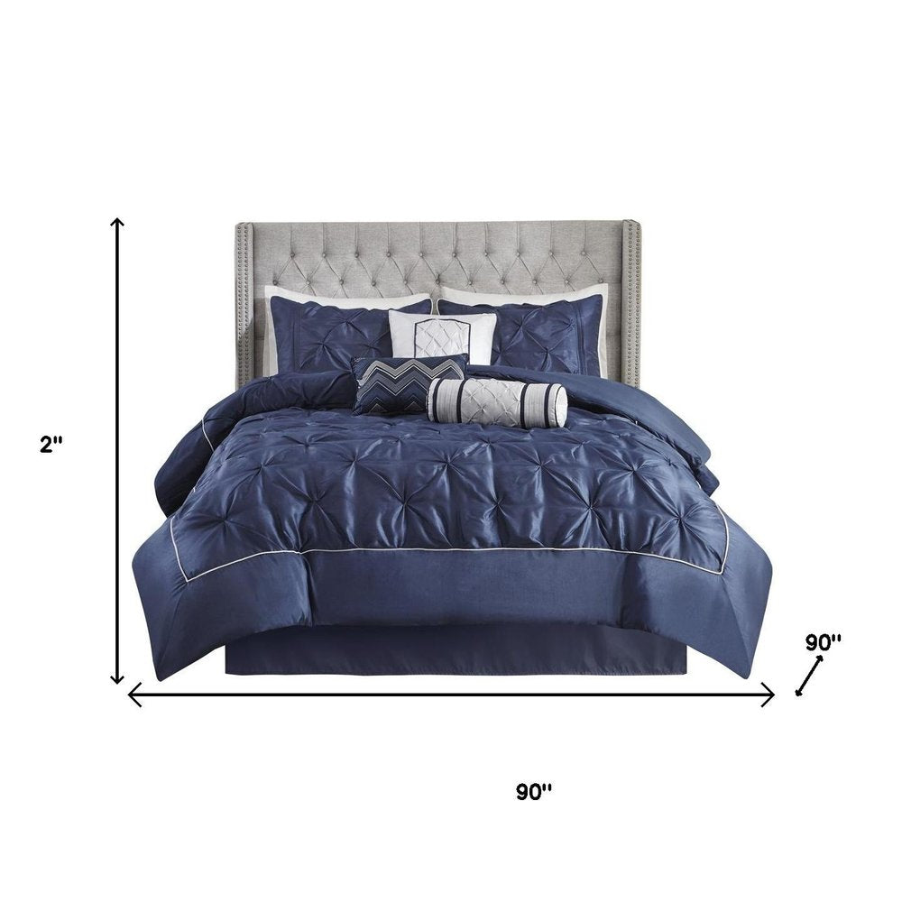 Set of Seven Navy Blue Queen Ring Stitch Polyester Sham And Comforter