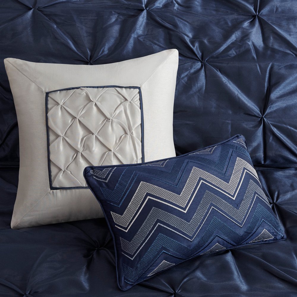 Set of Seven Navy Blue Queen Ring Stitch Polyester Sham And Comforter