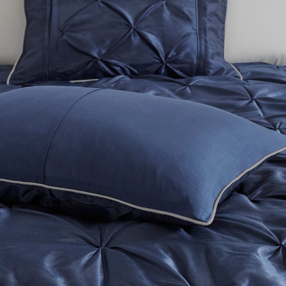 Set of Seven Navy Blue Queen Ring Stitch Polyester Sham And Comforter