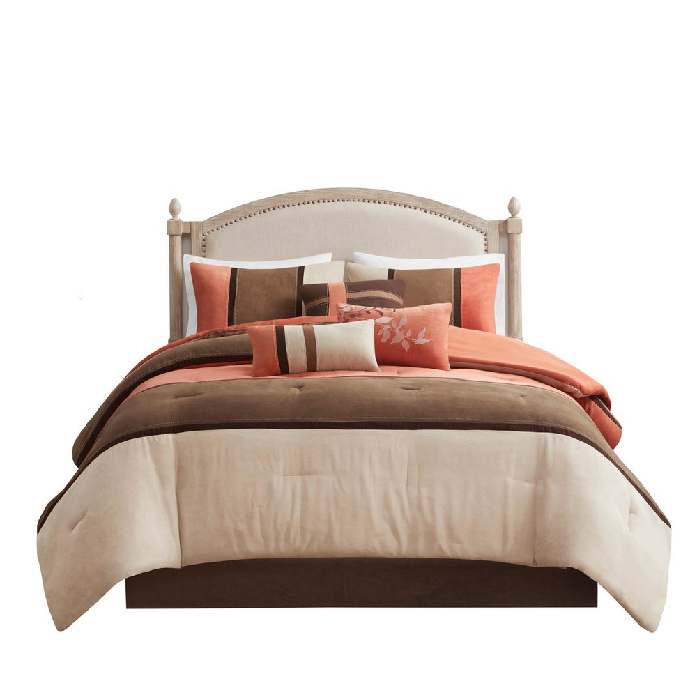 Set of Seven Coral And Brown Striped King Ring Stitch Polyester Sham And Comforter