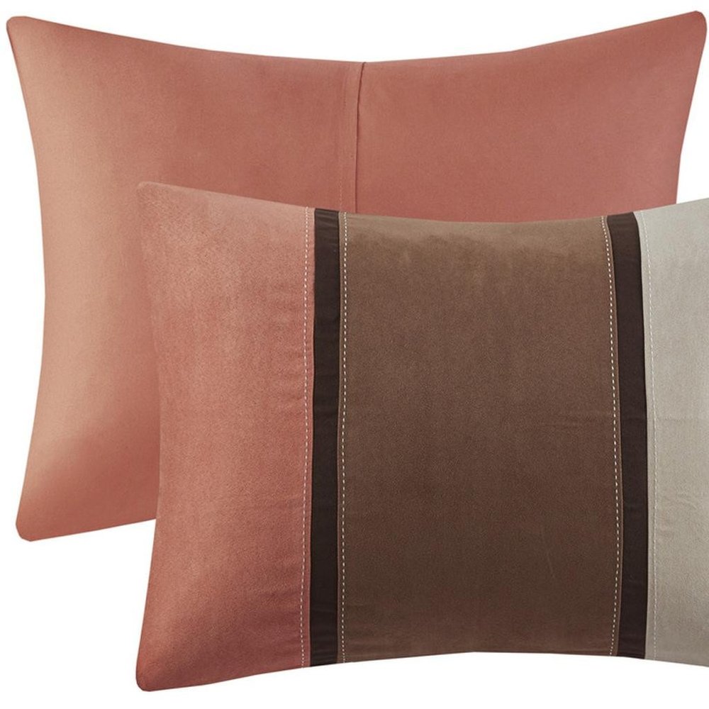 Set of Seven Coral And Brown Striped King Ring Stitch Polyester Sham And Comforter