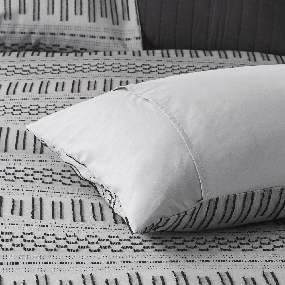 Set of Three Gray And Ivory Striped Queen Ring Stitch Sham And Comforter