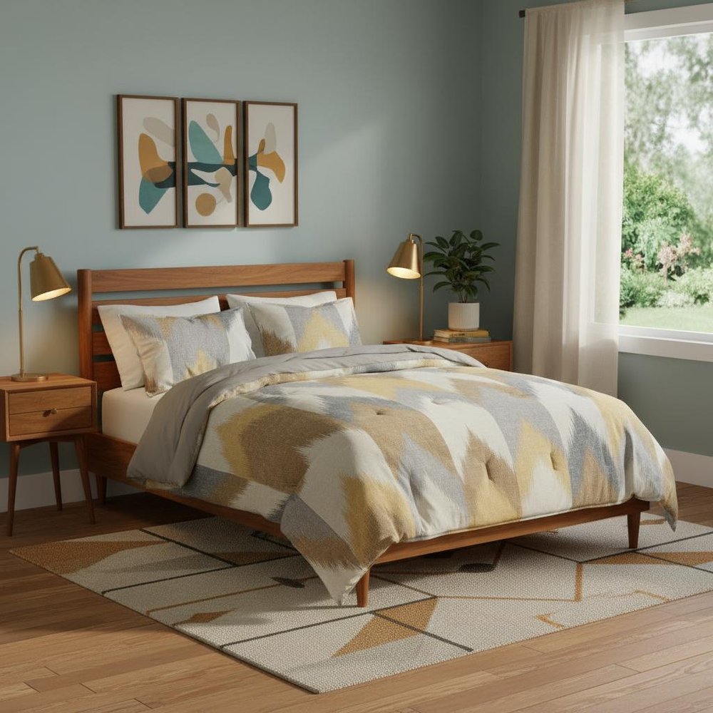 Set of Three Gray And Ivory Queen Ring Stitch Polyester Sham And Comforter