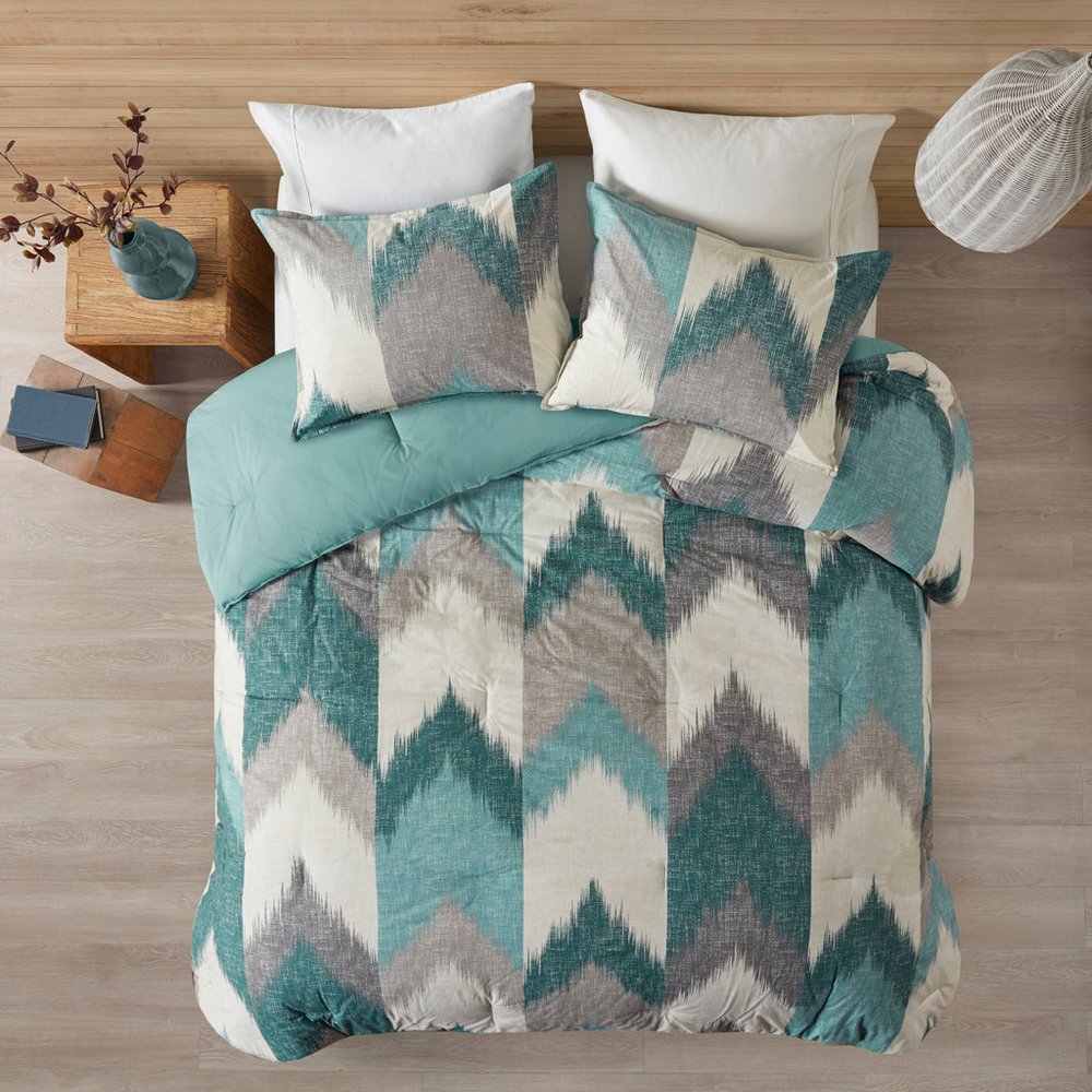 Set of Three Aqua And White Ring Stitch Polyester Sham And Comforter