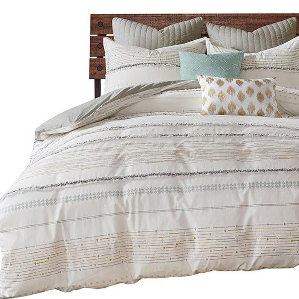 Set of Three Off White And Gray Striped King Ring Stitch Sham And Comforter