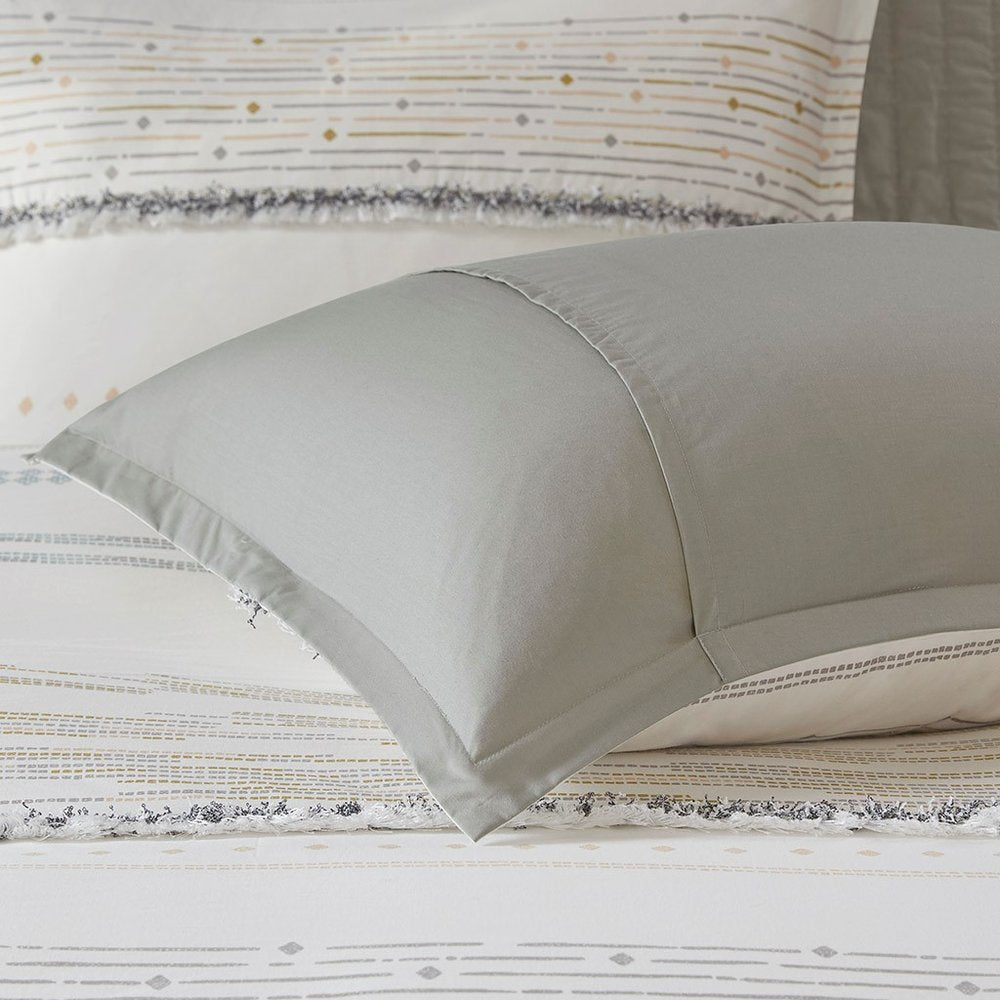 Set of Three Off White And Gray Striped King Ring Stitch Sham And Comforter