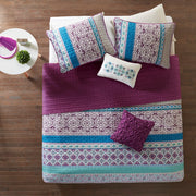 Set of Five Purple And Ivory Striped Queen Ring Stitch Sham And Comforter