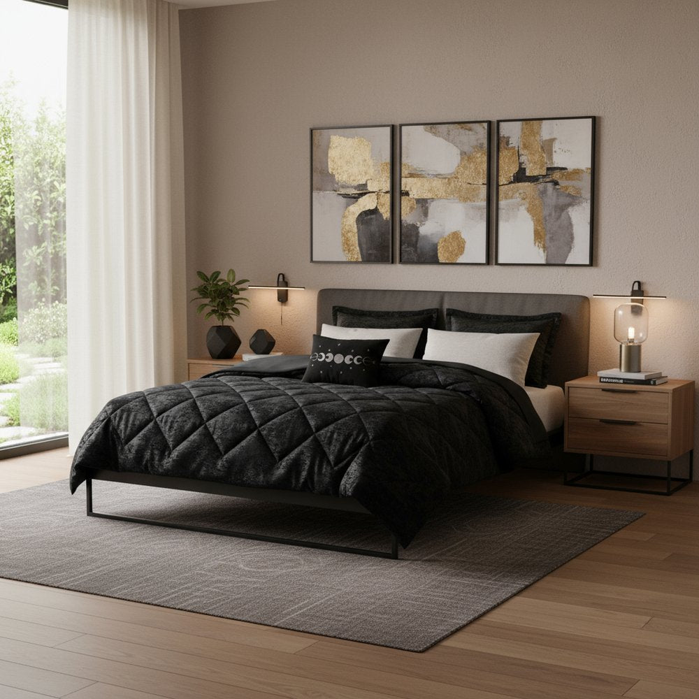 Set of Three Black Twin Ring Stitch Polyester Sham And Comforter