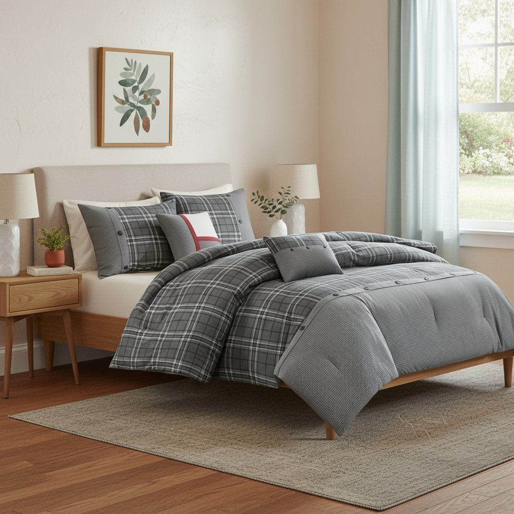 Set of Five Gray And White Plaid Queen Ring Stitch Polyester Sham And Comforter