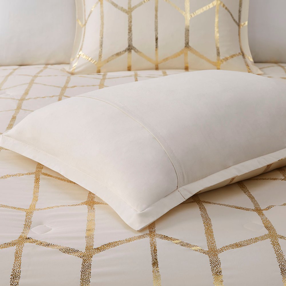 Set of Four Gold And Ivory Geometric Ring Stitch Polyester Sham And Comforter