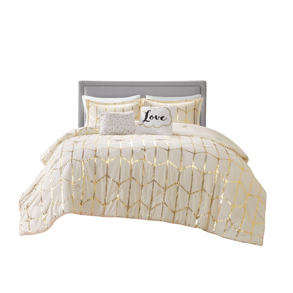 Set of Four Gold And Ivory Geometric Ring Stitch Polyester Sham And Comforter