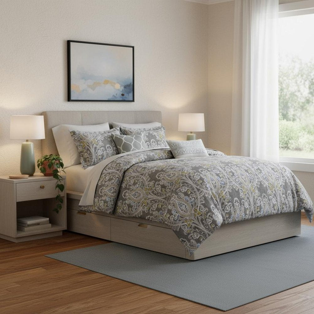 Set of Six Gray And Ivory Damask King Ring Stitch Sham And Comforter