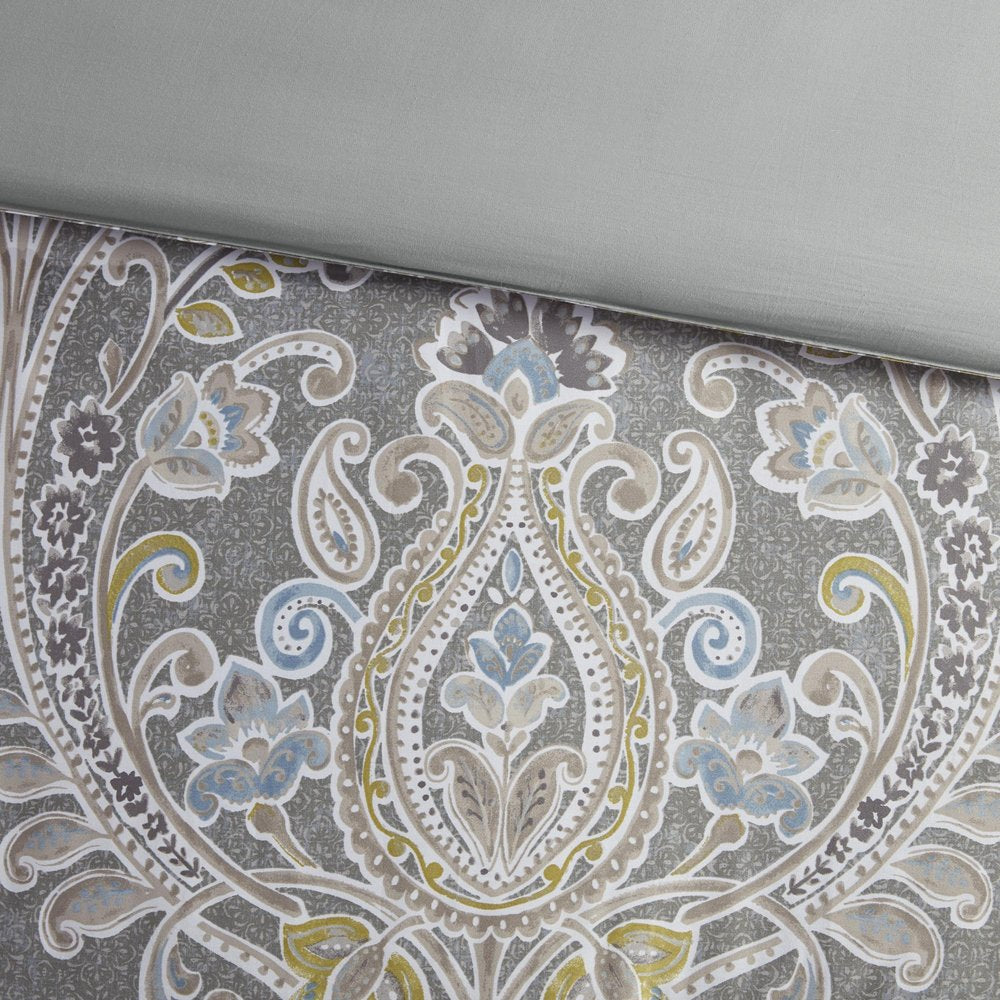 Set of Six Gray And Ivory Damask King Ring Stitch Sham And Comforter