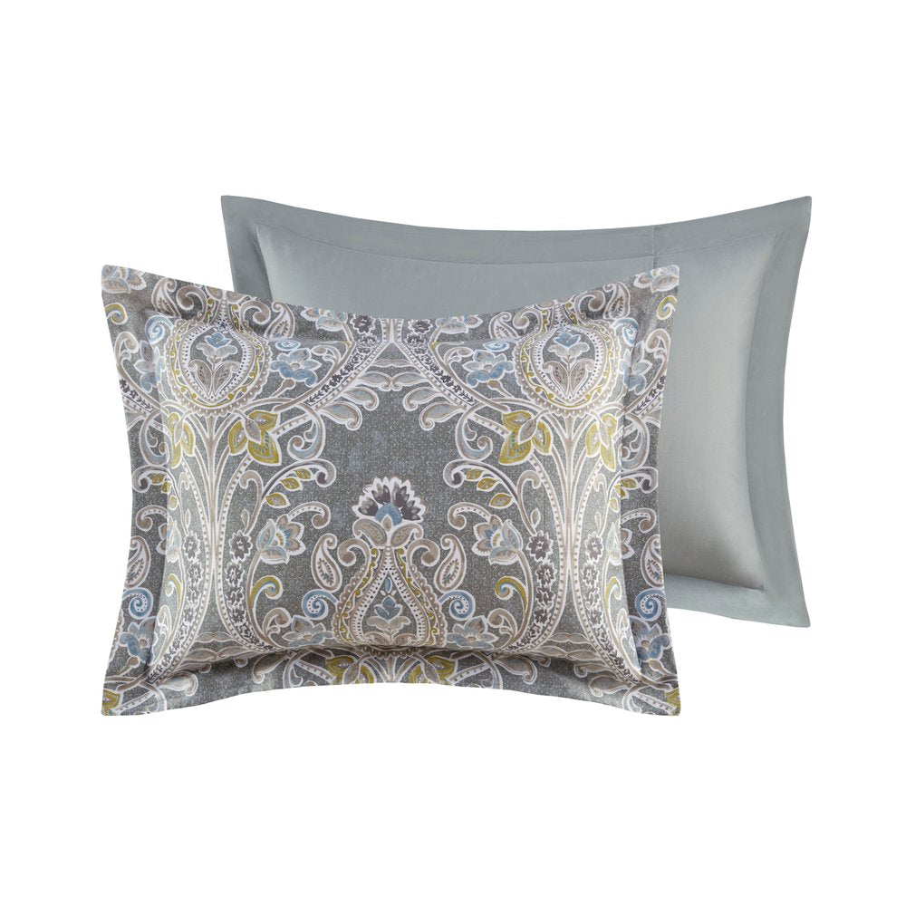 Set of Six Gray And Ivory Damask Full Ring Stitch Sham And Comforter