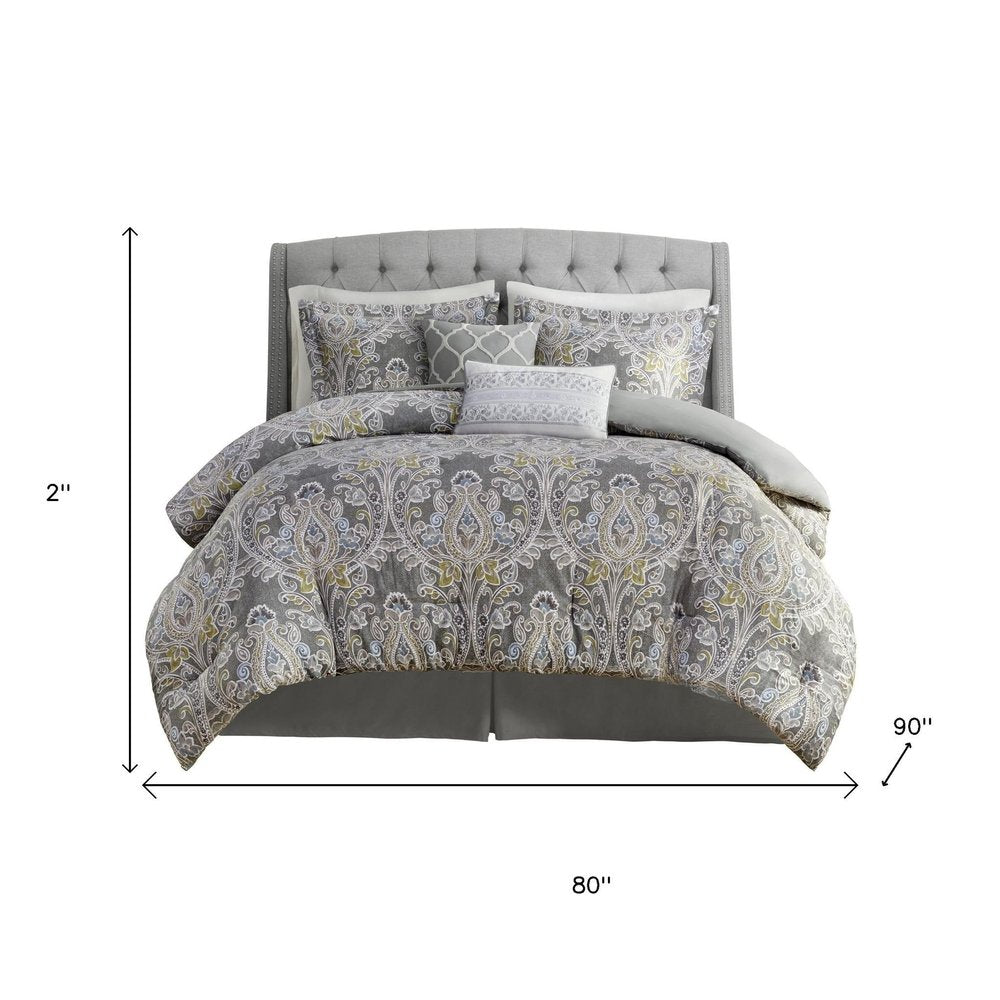 Set of Six Gray And Ivory Damask Full Ring Stitch Sham And Comforter