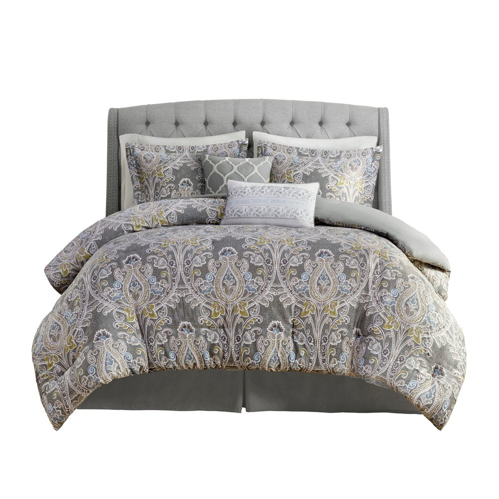 Set of Six Gray And Ivory Damask Full Ring Stitch Sham And Comforter
