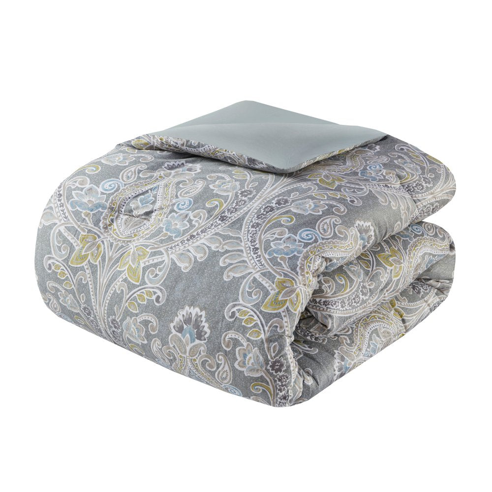 Set of Six Gray And Ivory Damask Full Ring Stitch Sham And Comforter