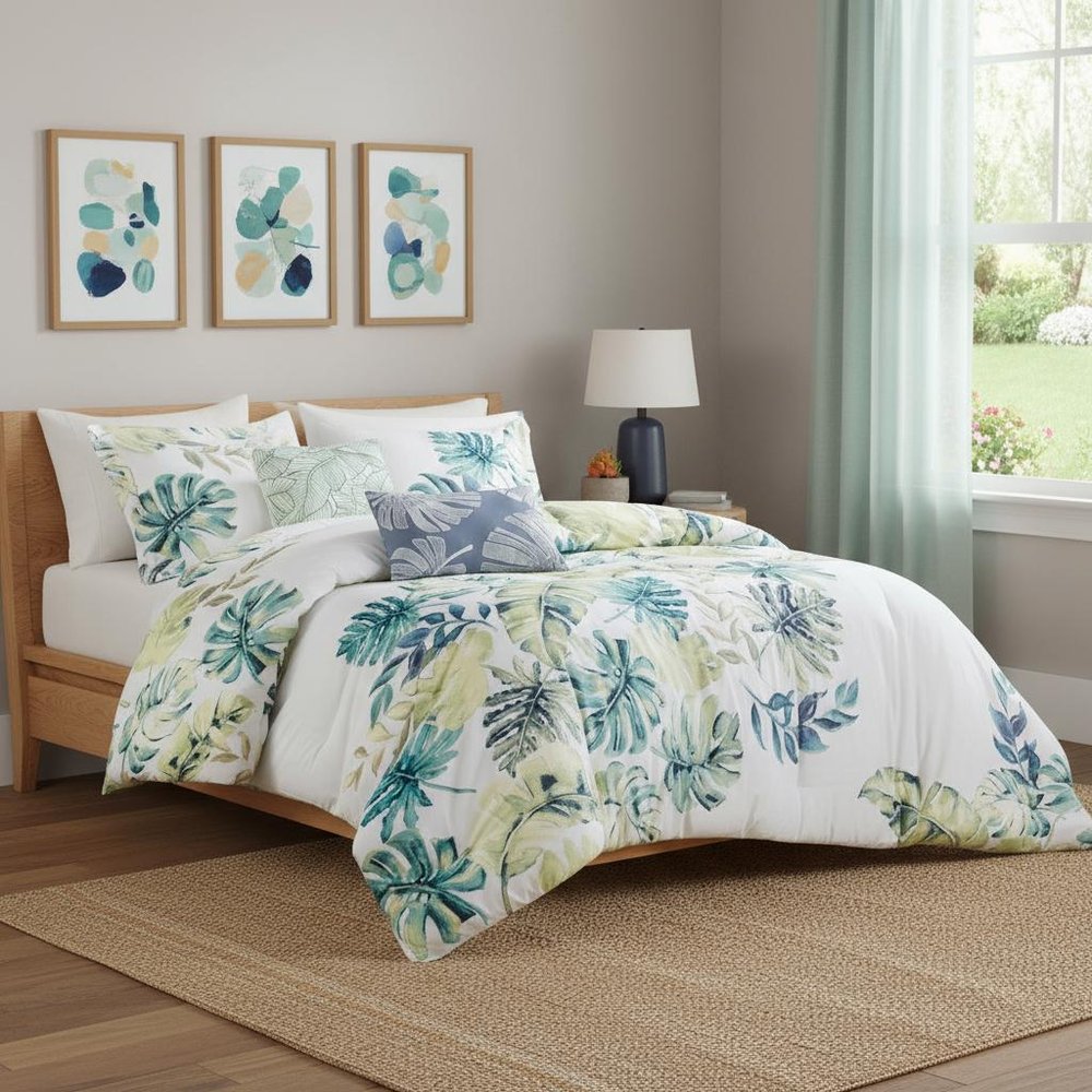Set of Six White Blue And Green King Ring Stitch Sham And Comforter