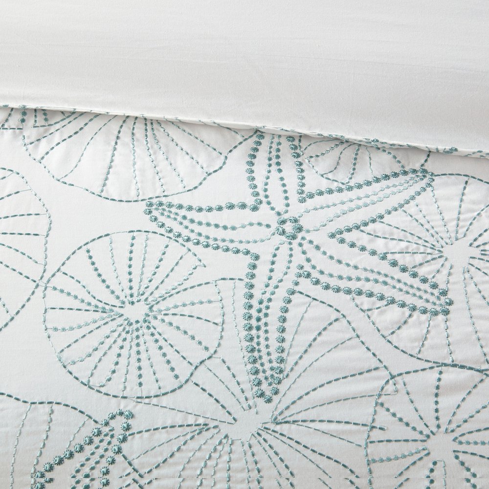 Set of Four White And Aqua Full Ring Stitch Sham And Comforter