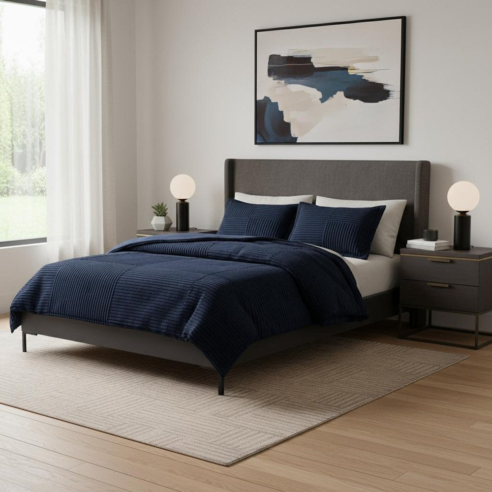 Set of Three Blue King Ring Stitch Polyester Sham And Comforter