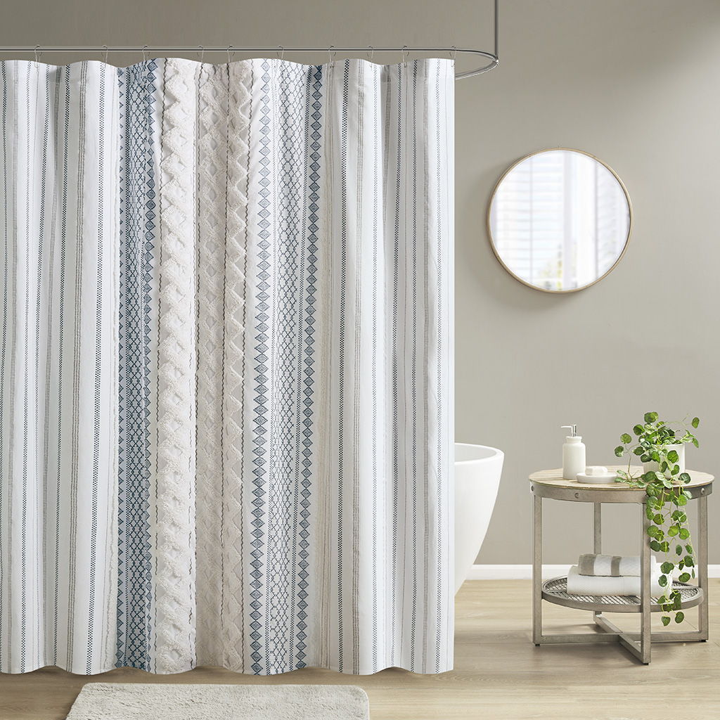 Imani - Cotton Printed Shower Curtain With Chenille - White / Navy