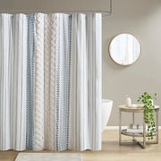 Imani - Cotton Printed Shower Curtain With Chenille - White / Navy