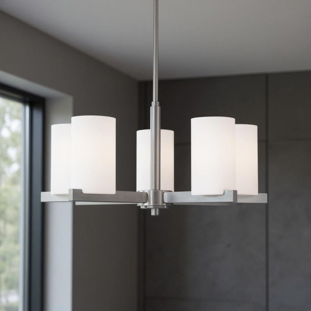 Nickel Five Light Metal Dimmable Chandelier With Shades