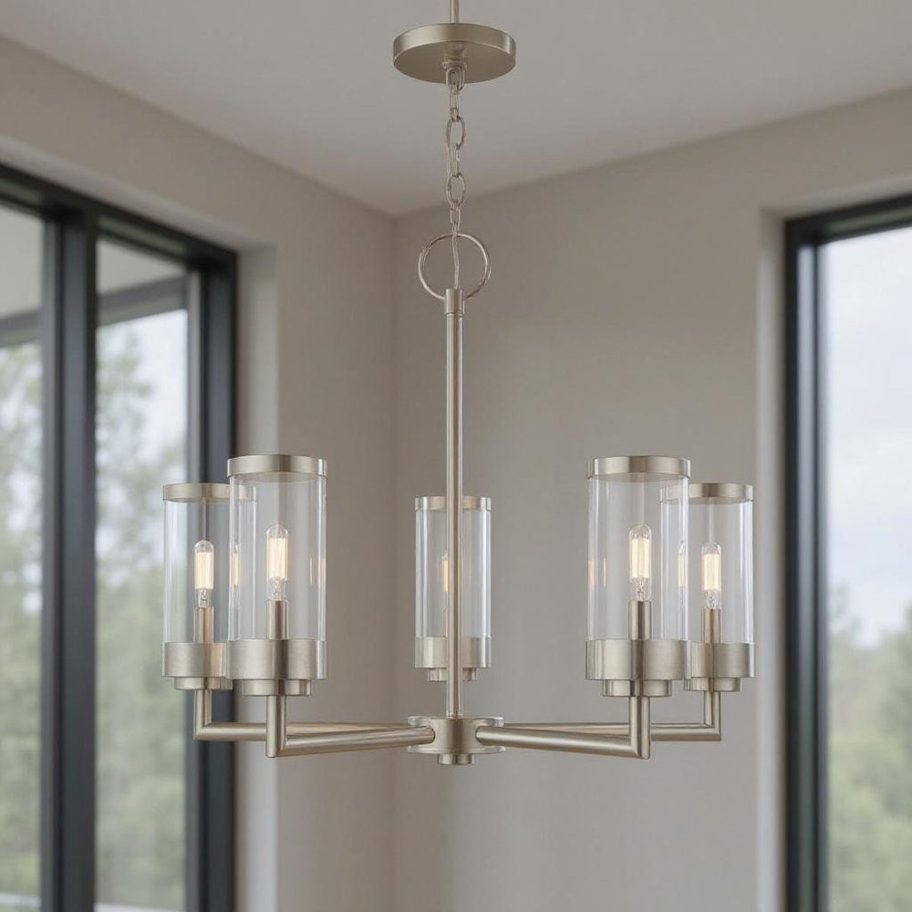 Nickel Five Light Metal Dimmable Chandelier With Shades