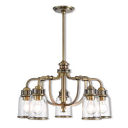Antiqued Brass Five Light Metal Dimmable Chandelier With Shades