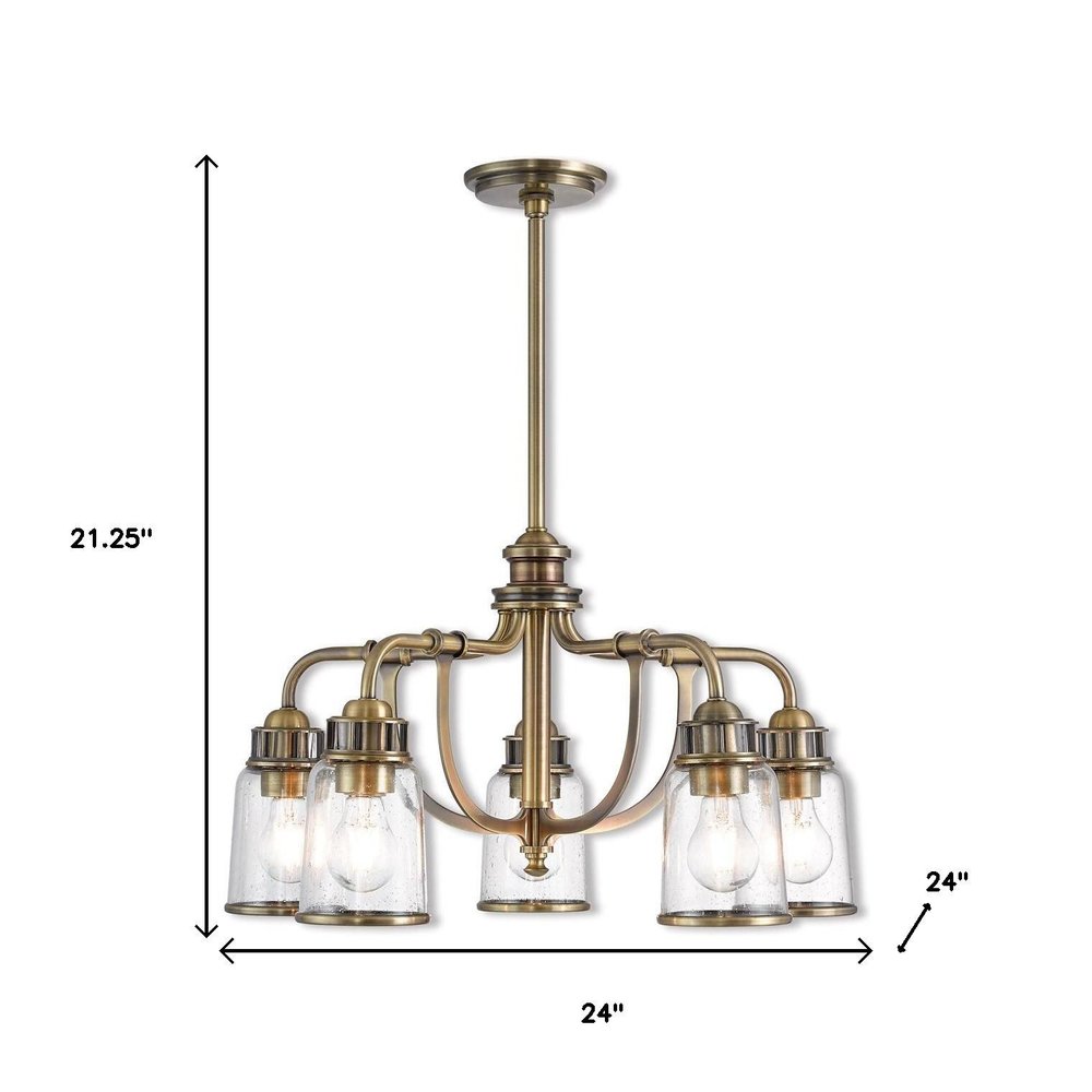 Antiqued Brass Five Light Metal Dimmable Chandelier With Shades