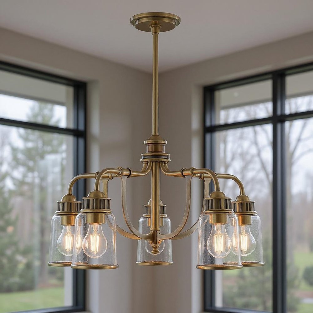 Antiqued Brass Five Light Metal Dimmable Chandelier With Shades