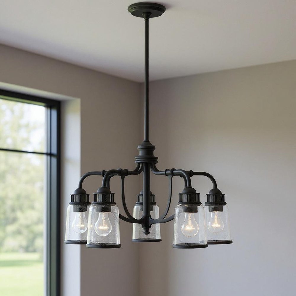 Black Five Light Metal Dimmable Chandelier With Shades