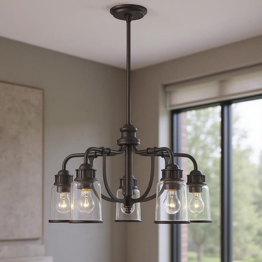 Bronze Five Light Metal Dimmable Chandelier With Shades